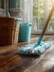 Blue mop cleaning hardwood floor in bright room with natural light.