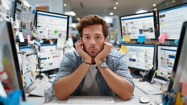 Drowning in Information: A weary professional confronts the overwhelming complexities of modern technology.