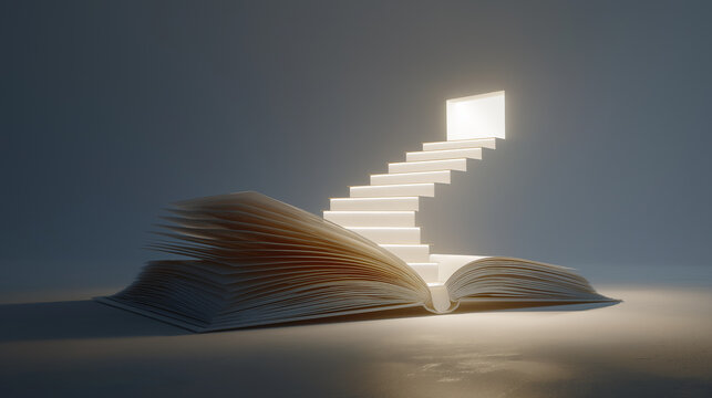 Open book with steps leading to light. Suitable for educational presentations or inspiring blog posts, showcasing growth, progress, and opportunities