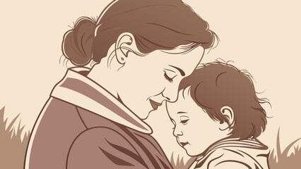 A mother holding her child close in a loving embrace in a vintage illustration style art work