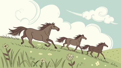 Three brown horses running across a grassy field under a cloudy sky in a cartoon style art piece