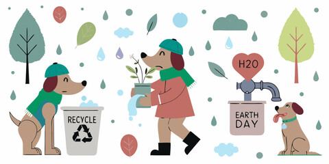 Dogs promoting Earth Day with recycling and water conservation