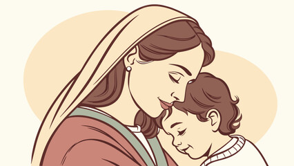 Obraz premium Illustration of a mother in a headscarf gently holding her child with a loving and tender expression