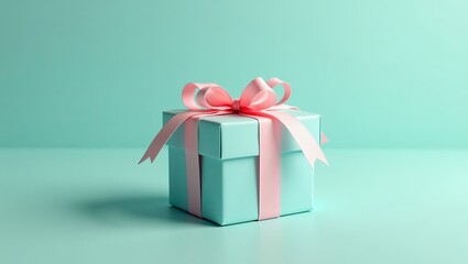 Gift box with pink ribbon on turquoise background for celebration, surprise, birthday, holiday packaging and greeting card design
