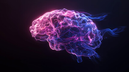 Glowing human brain in pink and blue hues, suitable for medical and technology concepts, illustrations, presentations, and educational materials.