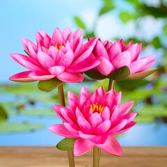 Obraz premium Vibrant pink water lilies on a wooden surface