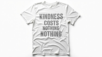 A white tshirt with the message kindness costs nothing printed on the front, isolated on white background, a reminder to be compassionate and generous