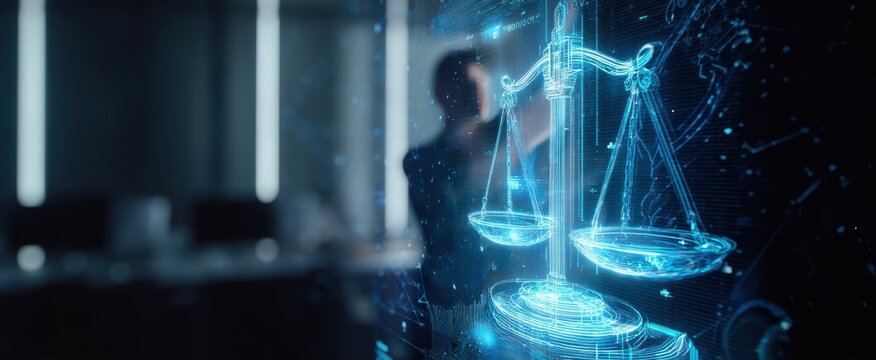The digital representation of justice scales symbolizing modern legal systems and innovation.