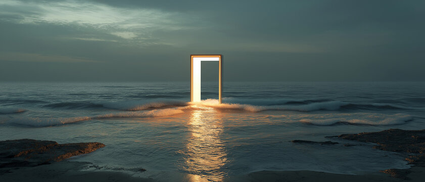 Mysterious glowing door in the ocean at dusk, creating a magical, surreal atmosphere. Ideal for fantasy book covers or background scenes in movies.