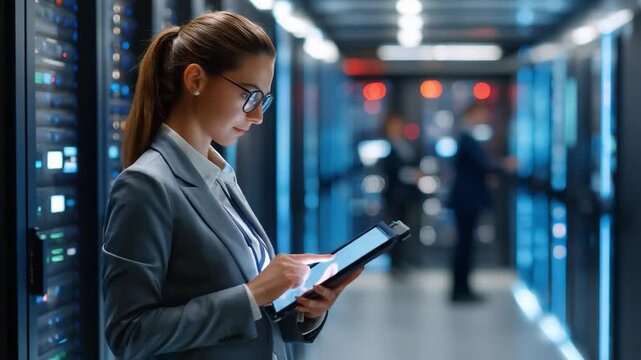 Technology Professional in Data Center: A dedicated IT professional, clad in a formal suit, meticulously reviews data on a digital tablet within a modern data center.