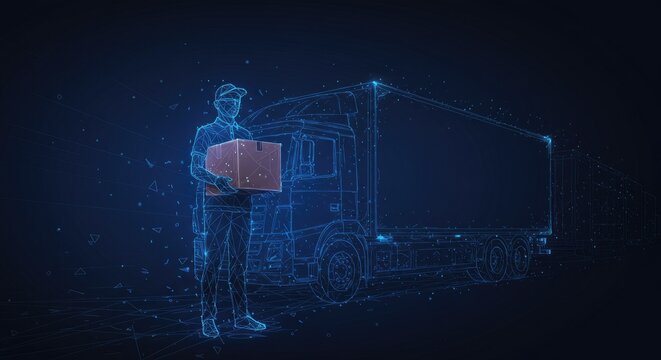 Delivery man holding box in front of cargo truck on dark blue background, symbolizing logistics, shipping, and transportation in abstract low-poly wireframe vector style.
