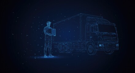 Delivery man holding box in front of cargo truck on dark blue background, symbolizing logistics, shipping, and transportation in abstract low-poly wireframe vector style.
