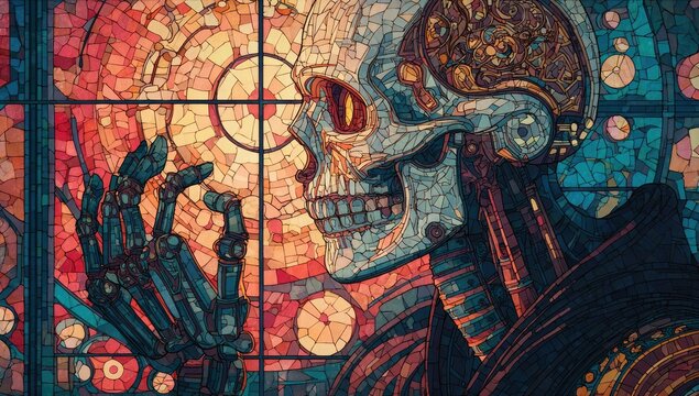 A mosaic-style artwork depicting a robotic skull gazing at a glowing orb, set against a stained-glass window