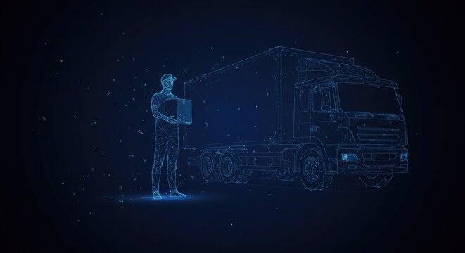 Delivery man holding box in front of cargo truck on dark blue background, symbolizing logistics, shipping, and transportation in abstract low-poly wireframe vector style.
