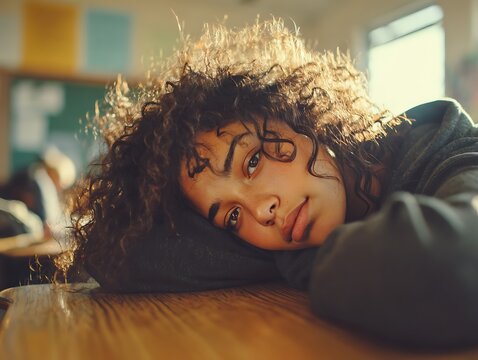Portrait of a young woman with curly hair resting her head on a classroom desk, soft sunlight highlighting her face