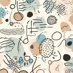 Fototapeta premium Seamless abstract doodle pattern with hand drawn shapes and organic lines, modern minimal Scandinavian style background in pastel earthy tones for textile, wallpaper and decoration