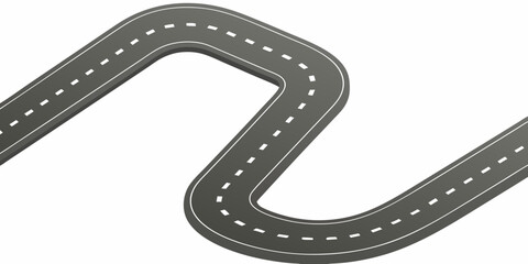 Winding Dark Grey Road with White Dashed Lines on White Background