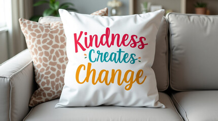 A stylish living room showcasing a decorative pillow with the uplifting message kindness creates change, enhancing the home decor and creating a positive atmosphere on the couch