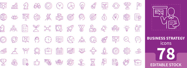 Business strategy vector icon set with 78 editable linear icons for leadership, planning, market analysis, and innovation