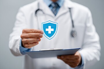Doctor holding a digital shield with a cross, symbolizing healthcare protection