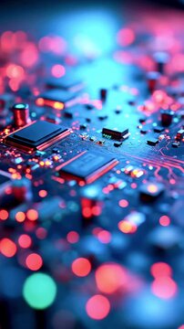 Close-up view of a vibrant circuit board with glowing components and intricate details, showcasing technology
