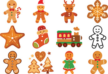 Festive Christmas Gingerbread Cookie Icons on Black Background for Holiday Designs