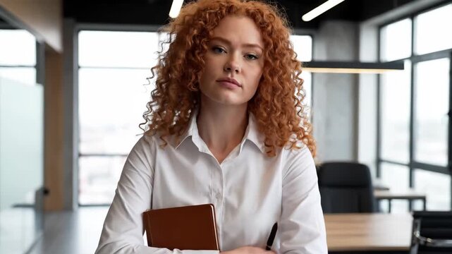 hairy bush, Confident Young Businesswoman with Curly Red Hair Walking Towards Camera in a Modern Office.