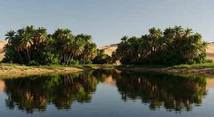 Desert oasis with palm trees and reflective water