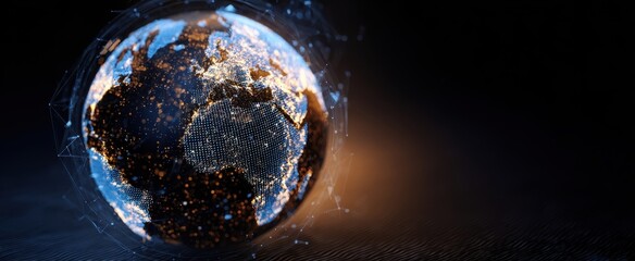 The globe illuminated by digital connections and vibrant city lights at night.