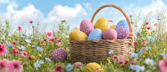 The colorful Easter eggs in a woven basket surrounded by blooming flowers.