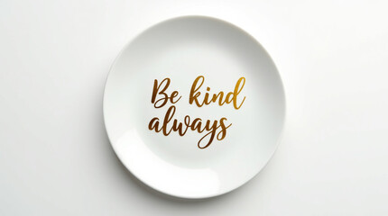 Be kind always golden text on white plate isolated on white background, a message of positivity and inspiration, perfect for food presentation, decorative design, or modern art