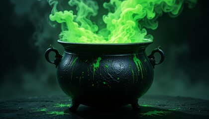 A black witch’s cauldron with glowing neon green liquid bubbling inside, eerie green smoke rising into the air.