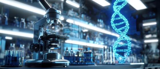 The advanced microscope in a high-tech laboratory showcasing genetic research.