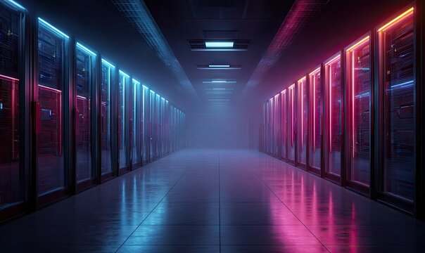 Neon-lit server room corridor, futuristic data center