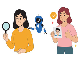 Artificial intelligence face recognition and identity verification illustration people with photo and magnifying glass. Cartoon characters with robot and biometric verification process in flat vector.