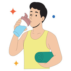 Fitness Man Illustration Gym Workout Character Drinking Water with Yoga Mat. Healthy Lifestyle Vector Sporty Man Hydrating After Exercise Flat Illustration. Fitness Man in Sportswear with Water 