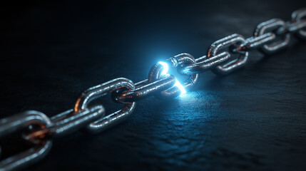 Shiny metal chain with glowing light between the links, perfect for backgrounds, concepts of connection, power, technology, or security.