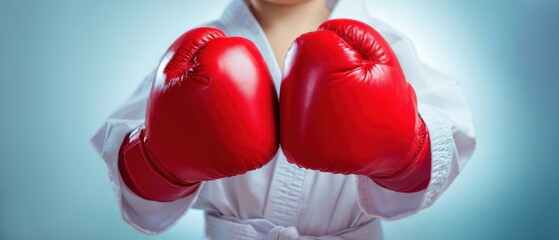 The young athlete ready for action in vibrant red boxing gloves.