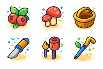 Cartoon forest exploration icons_ berries, mushrooms, basket, knife, torch, cane