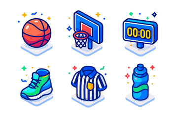  Basketball elements_ ball, hoop, timer, shoe, jersey, water bottle icons