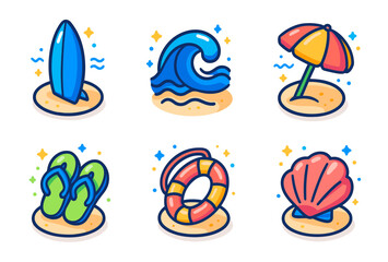 Fototapeta premium Colorful beach icons surfboard, wave, umbrella, flip-flops, lifebuoy, seashell