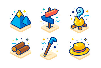 Colorful camping icons - mountain, signpost, campfire, logs, walking stick, hat
