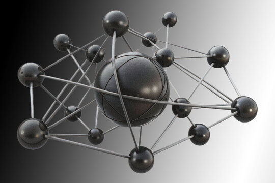 A black sphere is connected to smaller black spheres by thin metallic lines, forming an abstract molecular or network structure on a gradient background