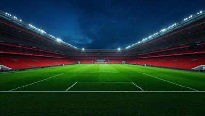 Nighttime sports arena with crisp white field lines and empty stands