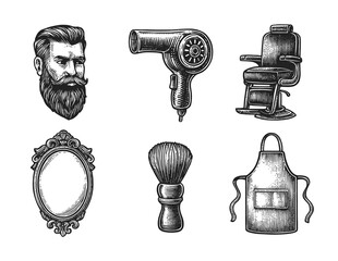 Vintage barber tools and male portrait with beard
