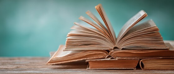 The collection of vintage books on a wooden table with an inviting atmosphere.