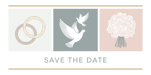 Save the date card featuring wedding rings doves and a bouquet with a beige and gray color palette