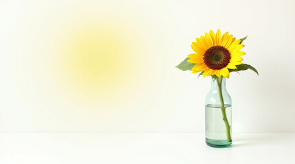 A vibrant sunflower in a glass vase on a white table, isolated on white background, radiating summer warmth and natural beauty in a minimalist and elegant floral arrangement
