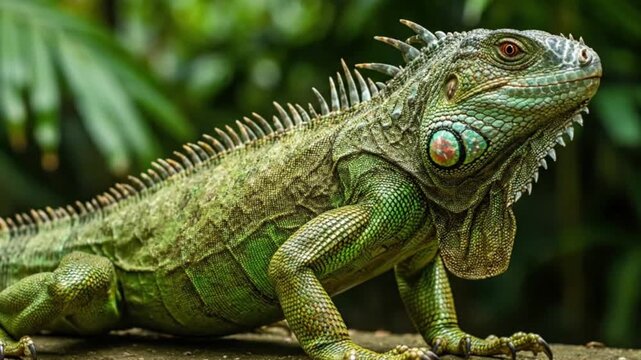 A green iguana with spiky scales and dewlap posed against a lush green background