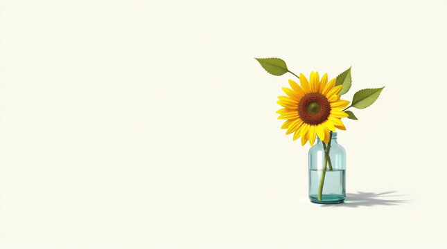 A vibrant sunflower in a blue glass vase, its yellow petals radiating warmth and beauty, a perfect floral arrangement for a bright and cheerful room with copy space isolated on white background - Powered by Adobe